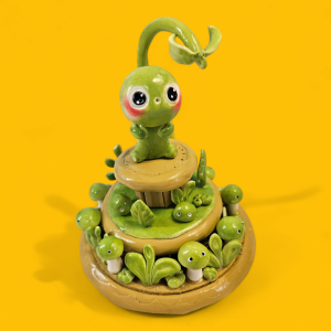 Figurine mignonne en argile polymère avec un décor végétal, parfaite pour un cadeau adorable et original pour une baby-shower. Représentation d'un gribouillis après la transformation en figurine originale et personnalisée.